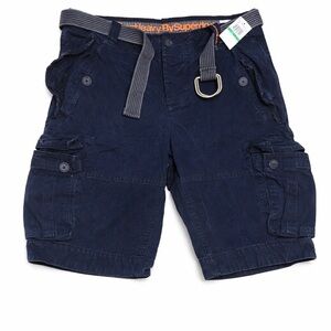 Superdry Men's Navy Blue Cotton Cargo Shorts Belted Button Flat Front M70KT128S1
